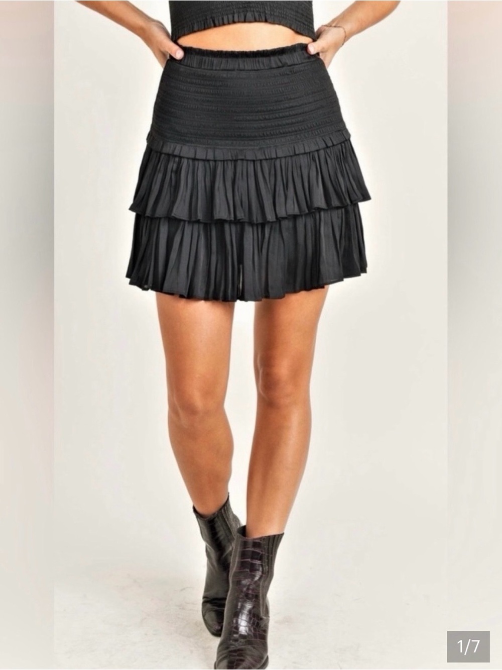 Reset TWO Skirts $70 Reset Smocked Waist Ruffle Mini Skirts. Black + Charcoal.